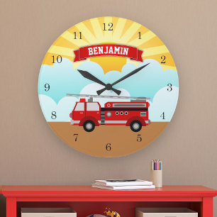 Fire Truck Firefighter Personalized Name Kids Room Large Clock