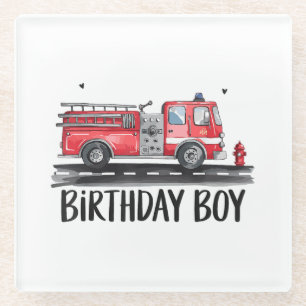 Fire Truck Firefighter The Birthday of Boy Family Glass Coaster