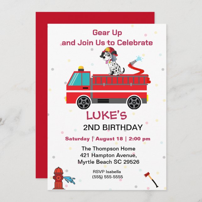 Fire Truck Fireman Kids 2nd Birthday Party Invitation (Front/Back)