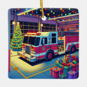 Fire Truck in Fire Station Christmas Tree and Gift Ceramic Ornament