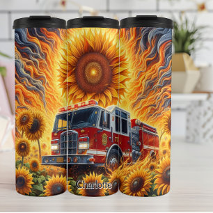 Fire Truck in Sunflower Field Thermal Tumbler