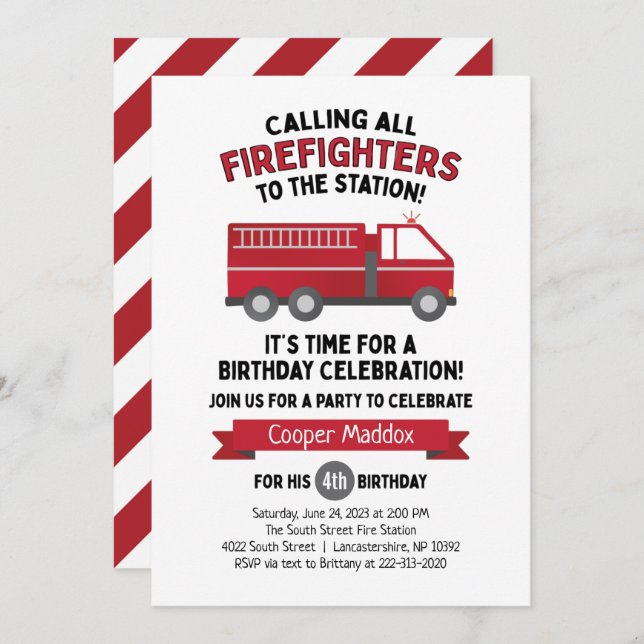 Fire Truck Invitation for a Firefighter Birthday (Front/Back)