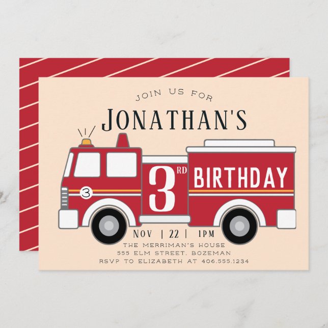Fire truck kids birthday invitation (Front/Back)