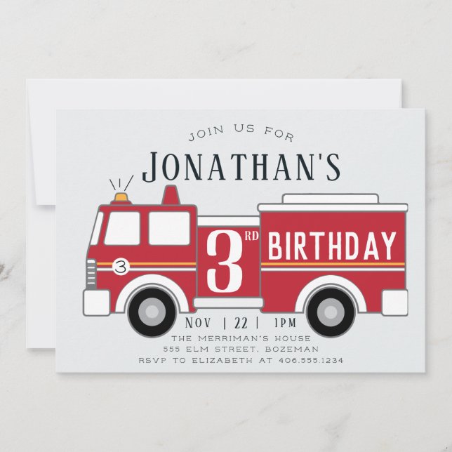 Fire truck kids birthday invitation (Front)
