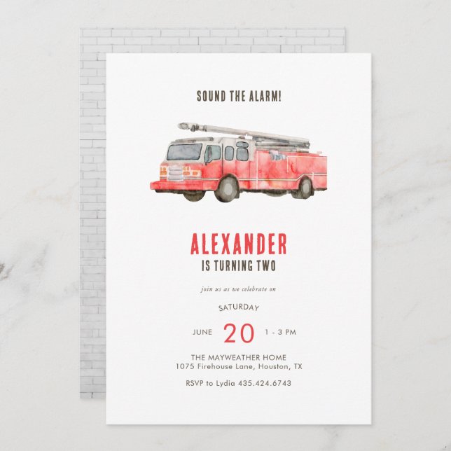 Fire Truck Kids Birthday Party Invitation (Front/Back)