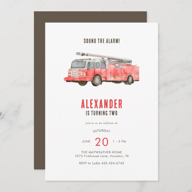 Fire Truck Kids Birthday Party Invitation (Front/Back)
