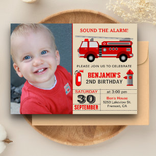 Fire Truck Kids Photo Birthday Party Invitation