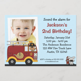 Fire Truck Monkey Photo Birthday Party Invitations