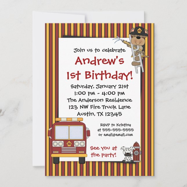 Fire Truck Monkey Stripes Birthday Invitations (Front)