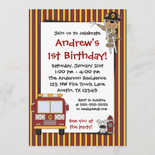Fire Truck Monkey Stripes Birthday Invitations