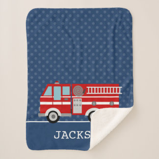 Fire Truck Navy Blue Polka Dot Personalised Boy Sherpa Blanket
