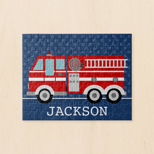 Fire Truck Navy Blue Polka Dot Personalised Kids Jigsaw Puzzle (Creator Uploaded)