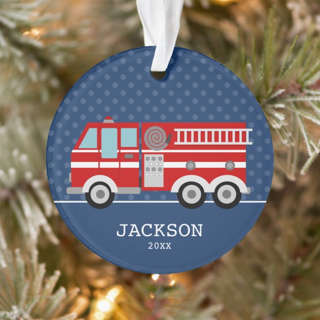 Fire Truck Navy Blue Polka Dot Personalized Kids Ornament (Tree)