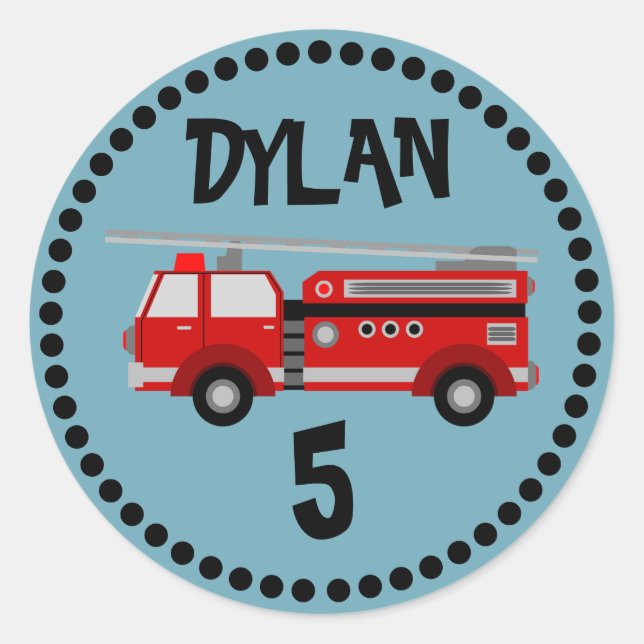 Fire truck Party Birthday round Sticker (Front)