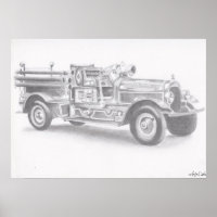 Fire truck pencil sketch large reprint poster