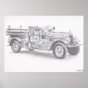 Fire truck pencil sketch large reprint poster