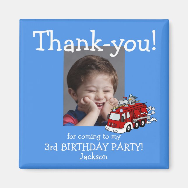 Fire Truck Photo Thank You Birthday Magnet, Boy Magnet (Front)