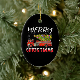 Fire Truck Pine Tree Firefighter Christmas Family Ceramic Ornament