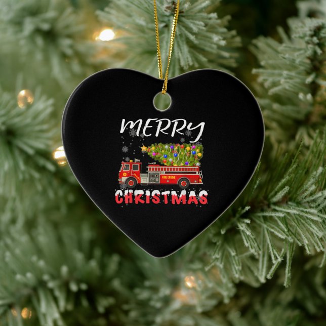 Fire Truck Pine Tree Firefighter Christmas Family Ceramic Ornament (Tree)