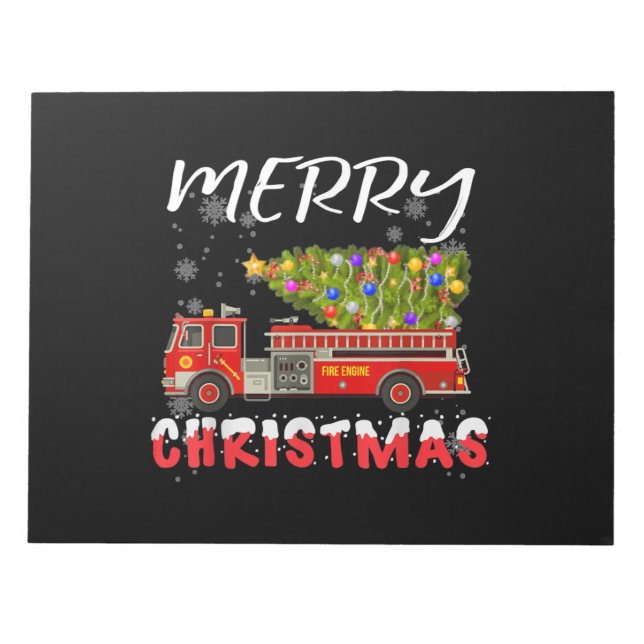 Fire Truck Pine Tree Firefighter Christmas Family Notepad (Front)