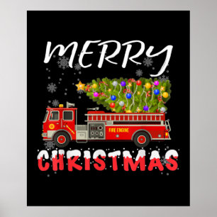 Fire Truck Pine Tree Firefighter Christmas Family Poster