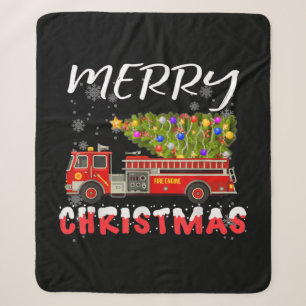 Fire Truck Pine Tree Firefighter Christmas Family Sherpa Blanket