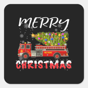 Fire Truck Pine Tree Firefighter Christmas Family Square Sticker