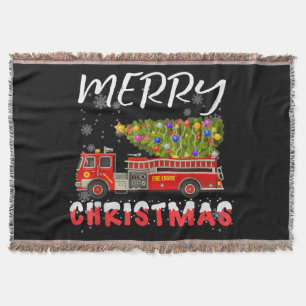 Fire Truck Pine Tree Firefighter Christmas Family Throw Blanket