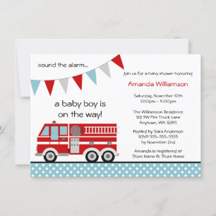 Fire Truck Polka Dot Banner Boy Baby Shower Invitation