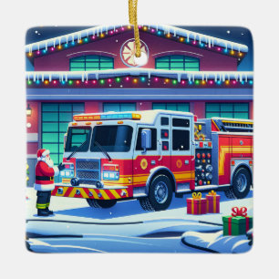 Fire Truck   Santa and Christmas Tree Ceramic Ornament