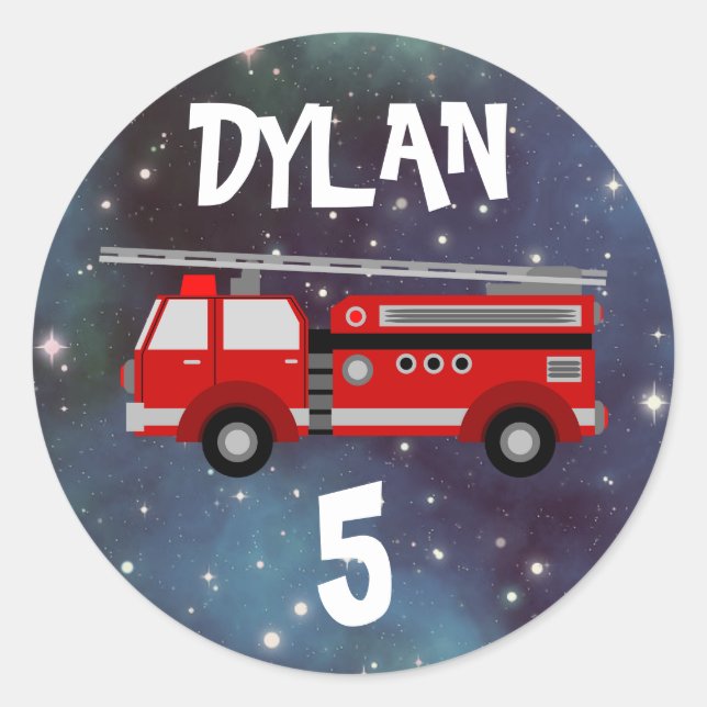 Fire truck Space Birthday Classic Round Sticker (Front)