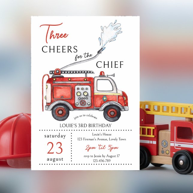 Fire Truck Three Cheers Chief 3rd Birthday Invitation (3rd Birthday invitation with "three cheers for the chief" red fire truck theme)