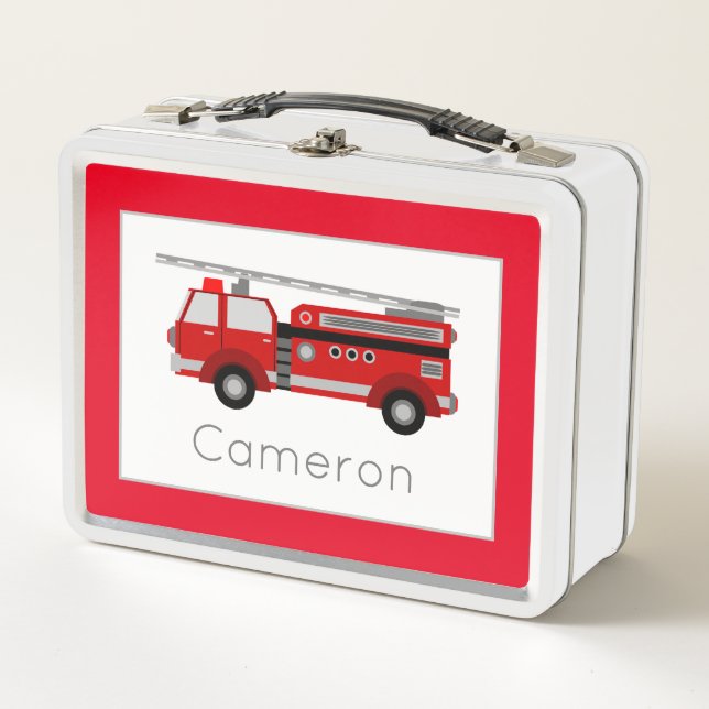 Fire Truck Vehicle Theme Nursery Red Border Metal Lunch Box (Front)
