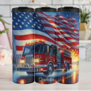 Fire Truck with American Flag Reflection Thermal Tumbler