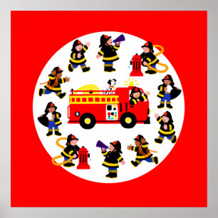 Fire Truck with Busy Firefighters Poster