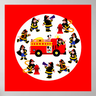 Fire Truck with Busy Firefighters Poster