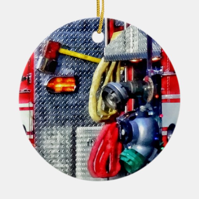 Fire Truck With Hoses and Axe Ceramic Tree Decoration (Front)