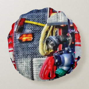 Fire Truck With Hoses and Axe Round Cushion