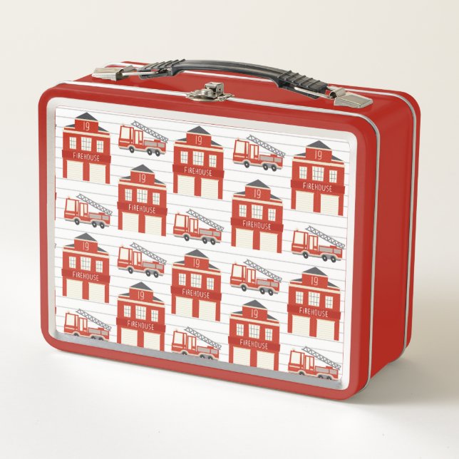 Fire Trucks and Houses Metal Lunch Box (Front)