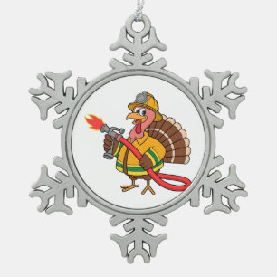 Fire trucks Firefighter Thanksgiving Turkey   Snowflake Pewter Christmas Ornament