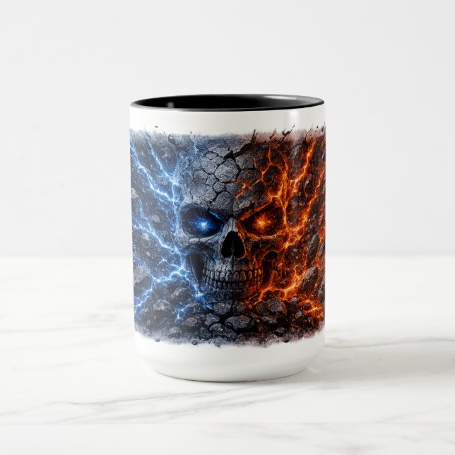 Fire vs Ice Skull – Electric Blue & Lava Red Crack Mug (Center)