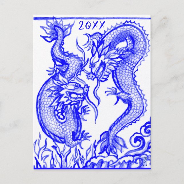 Fire & Water Dragons Chinese Any New Year Zodiac Holiday Postcard (Front)