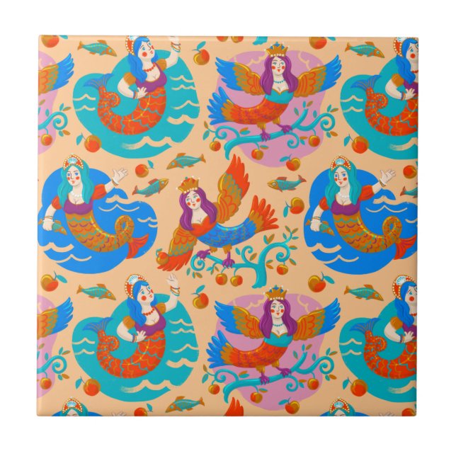 Firebirds and mermaids ceramic tile (Front)