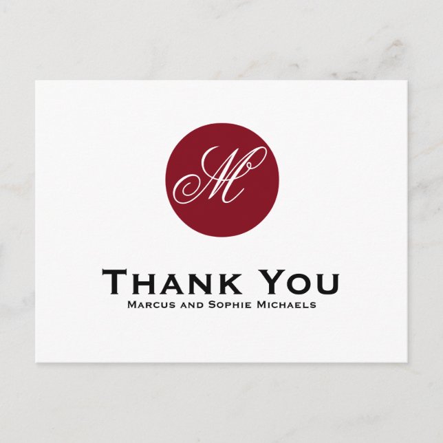 Firebrick Red Circle Monogram Thank You Postcard (Front)