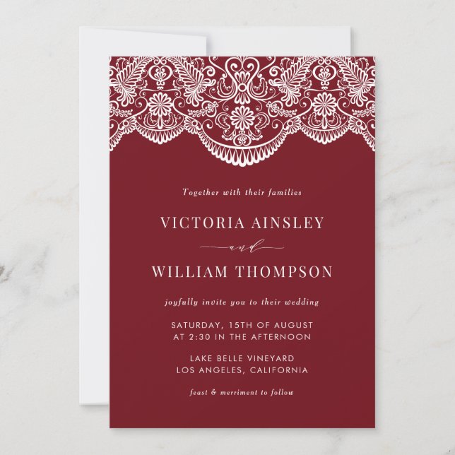 Firebrick Red Moroccan Lace Wedding Invitation (Front)