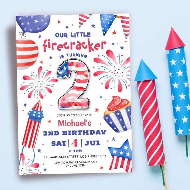 Firecracker 4th July 2nd Birthday Patriotic Cute Invitation (Creator Uploaded)