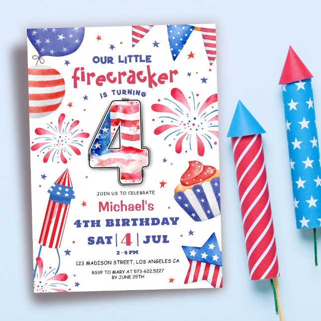 Firecracker 4th July 4th Birthday Patriotic Cute Invitation (Creator Uploaded)