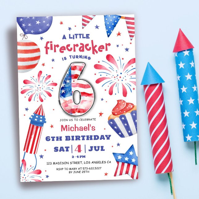 Firecracker 4th July 6th Birthday Patriotic Cute Invitation (Creator Uploaded)