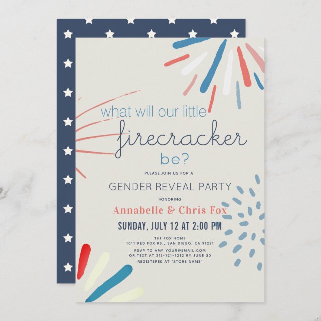 Firecracker 4th of July Fireworks Gender Reveal Invitation (Front/Back)