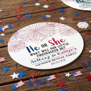 Firecracker 4th Of July Gender Reveal Party Round Paper Coaster